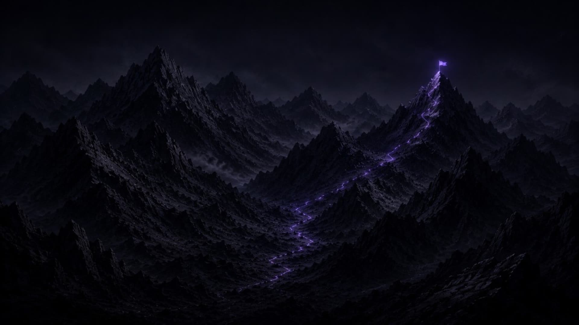 Mountain landscape with a glowing path leading to a flag at the summit